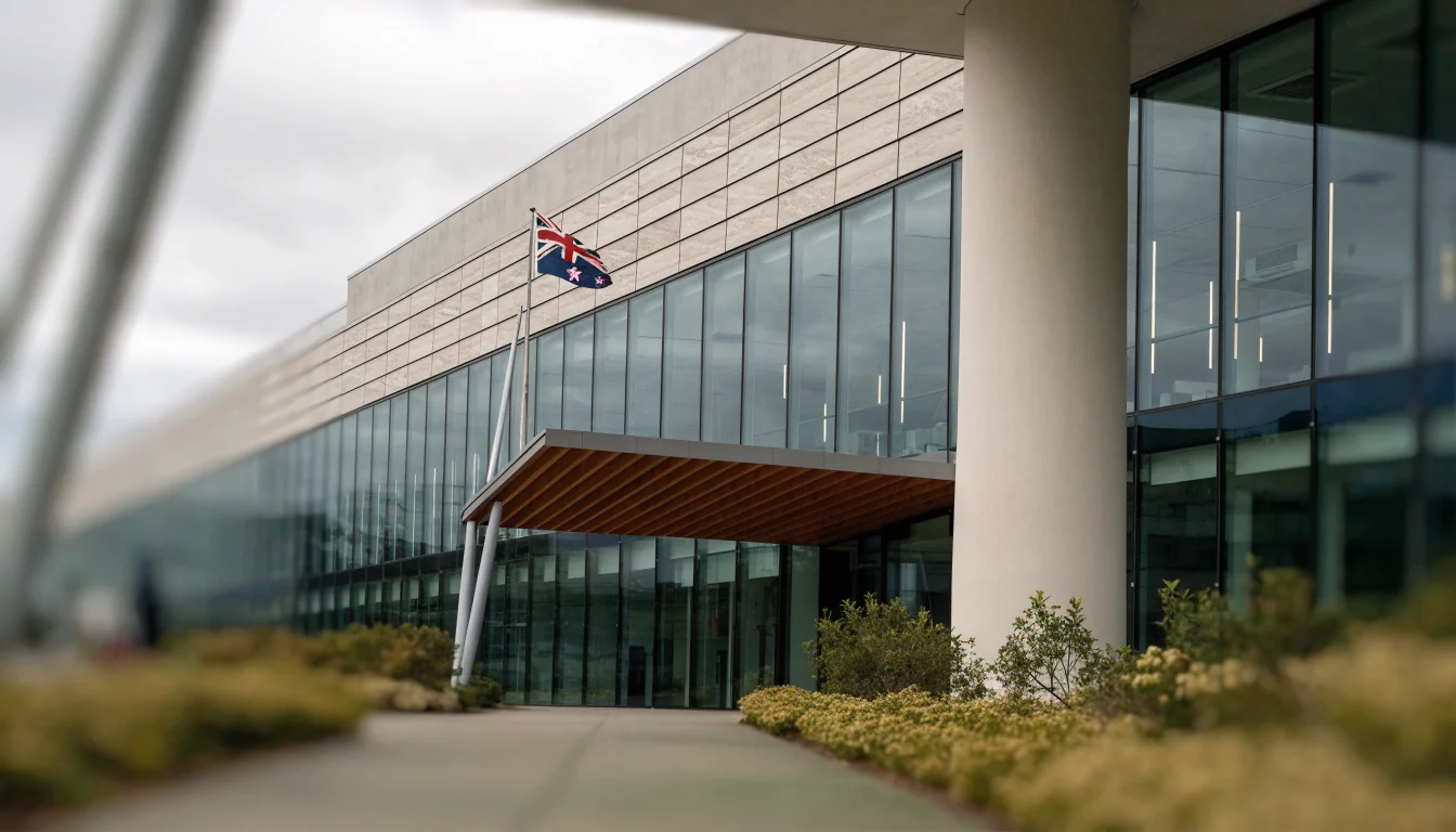 Official New Zealand government building exterior under an overcast sky